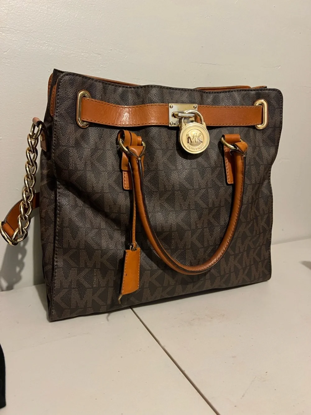 Michael Kors Brown Logo Tote with Tan Leather and Gold Hardware